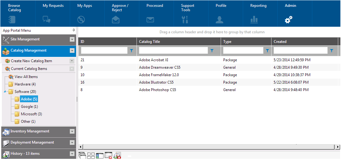 Catalog Management / Current Catalog Items View
