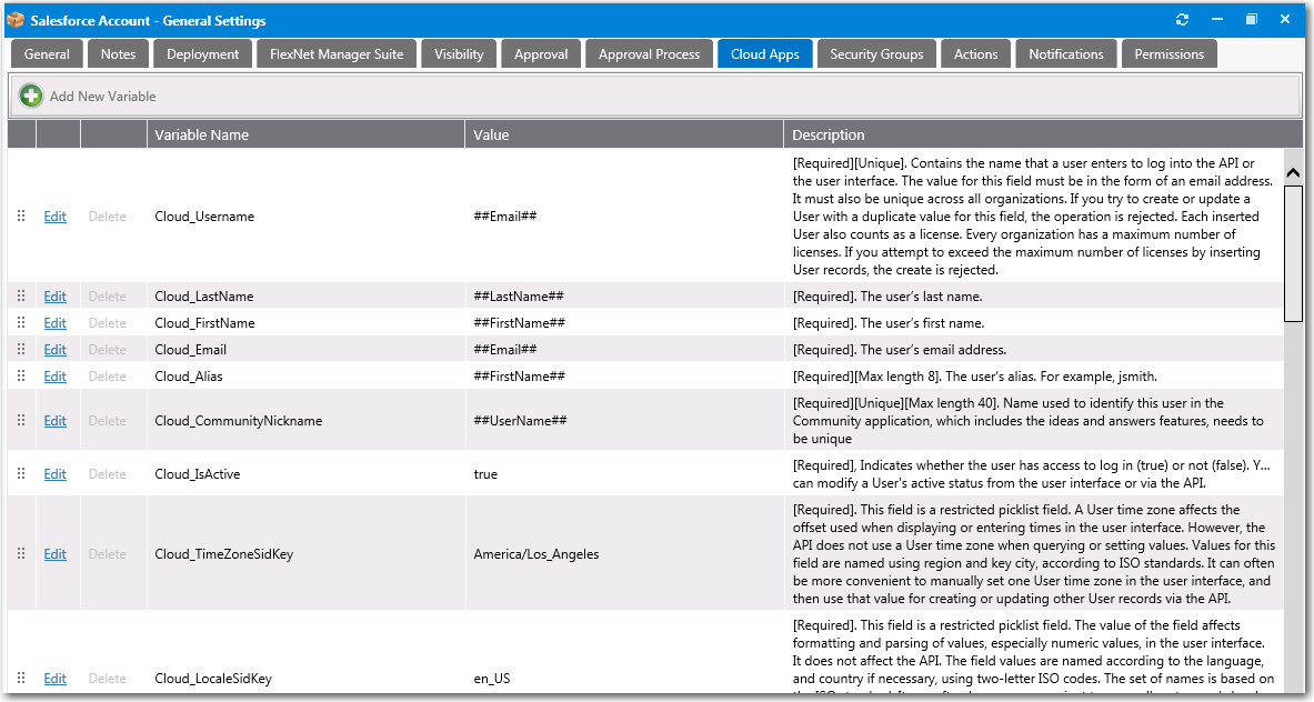 Custom Variables on the Cloud Apps Tab of the Catalog Item Properties Dialog Box