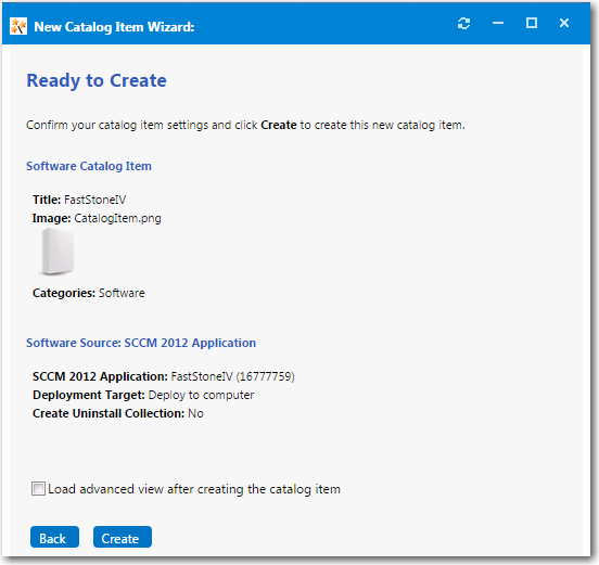 Ready to Create Panel / New Catalog Item Wizard