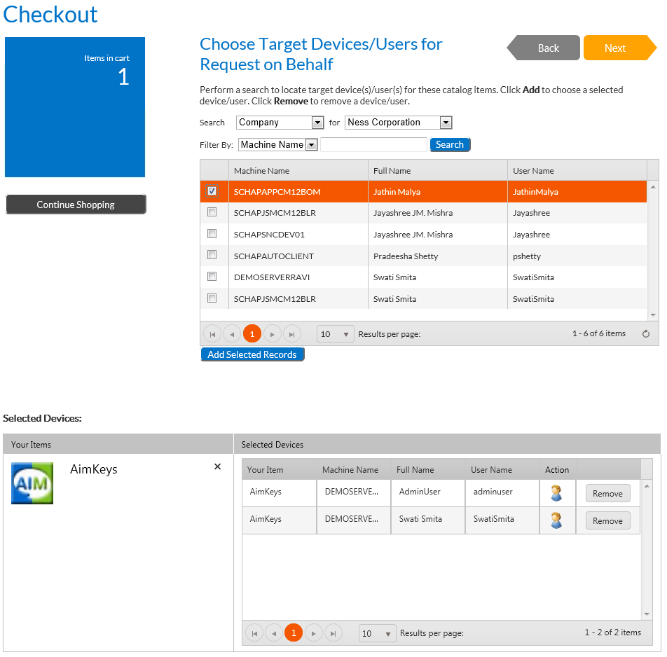 Choose Target /Users for Request on Behalf Panel of Checkout View / AD Properties